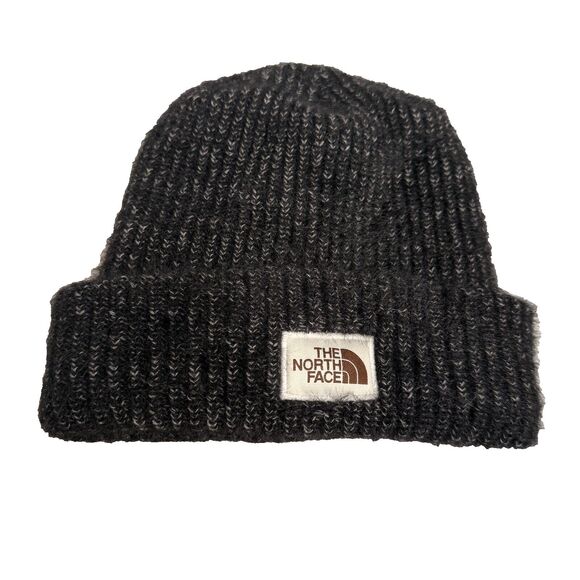 The North Face Heather Gray Wool Blend Beanie with Brown Logo and Fleece Lined- - Picture 1 of 16